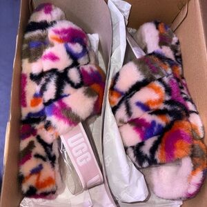UGG Pink Multi Faux-Fur Fluff Slide with Branded Strap